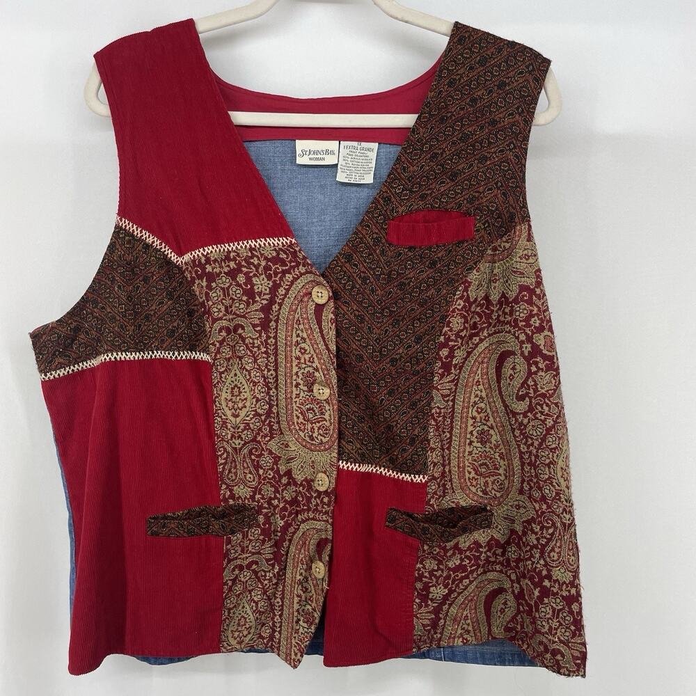 St John's Bay Size 1X Patchwork Paisley Vest Boho Red brown Art To Wear Elcectic